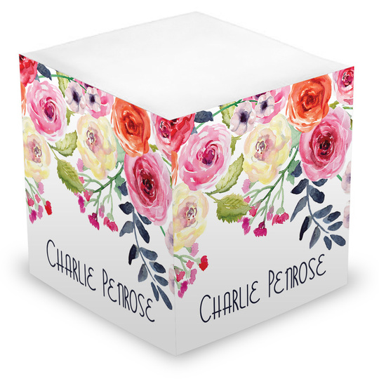 White Watercolor Roses Sticky Memo Cube